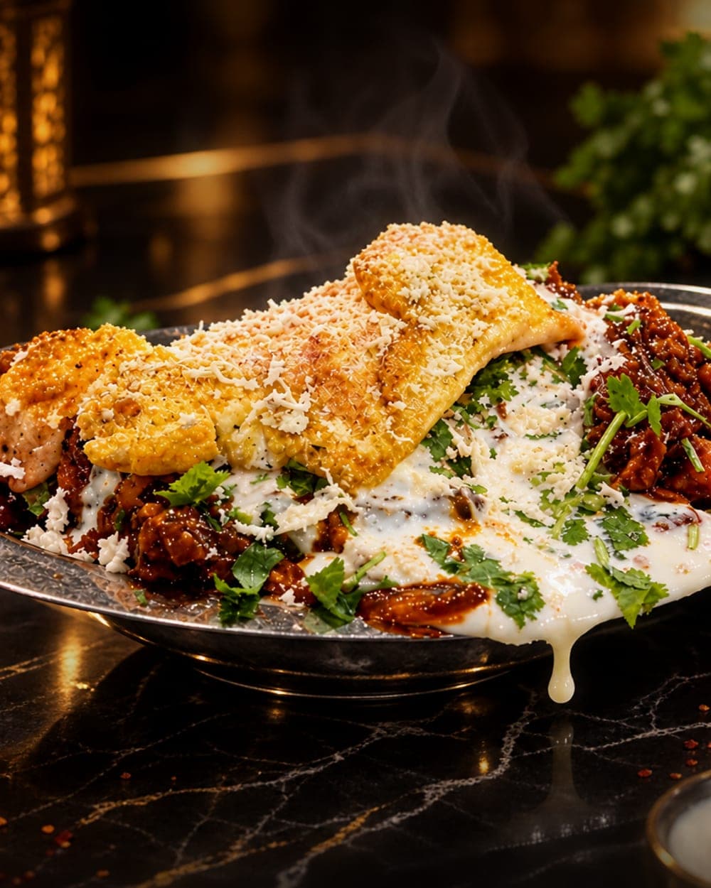 Tawa fry topped with grated cheese, curd and fresh coriander on a silver platter