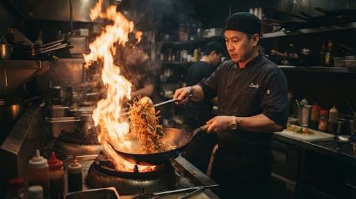 Noodles tossed in a flaming wok